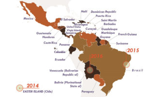 Mapa reciente de la OMS sobre la expansión del Zika en América.